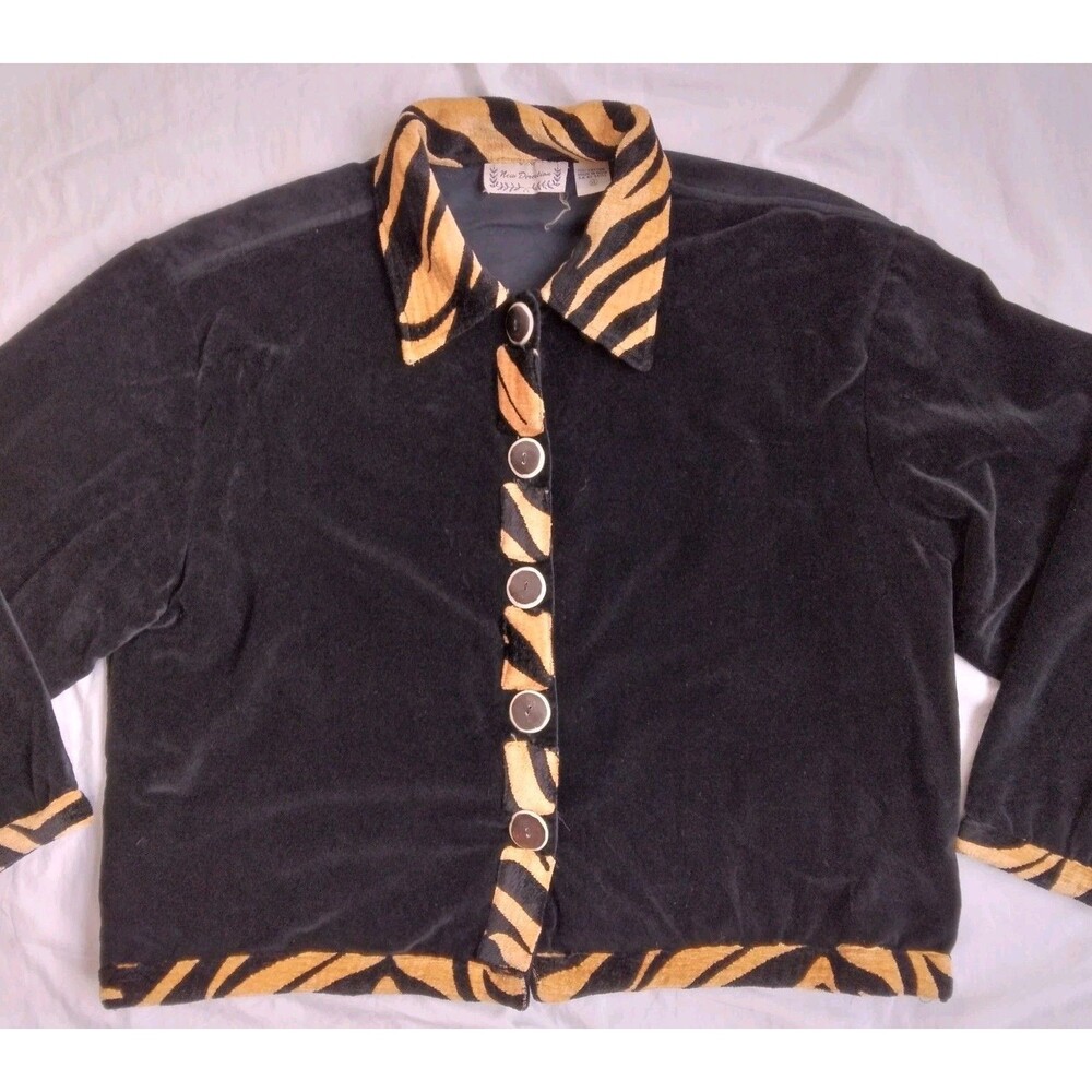 New Direction Blazer Jacket Black Velour Tiger Print 90s Mob Wife Womens Size XL - Picture 2 of 9